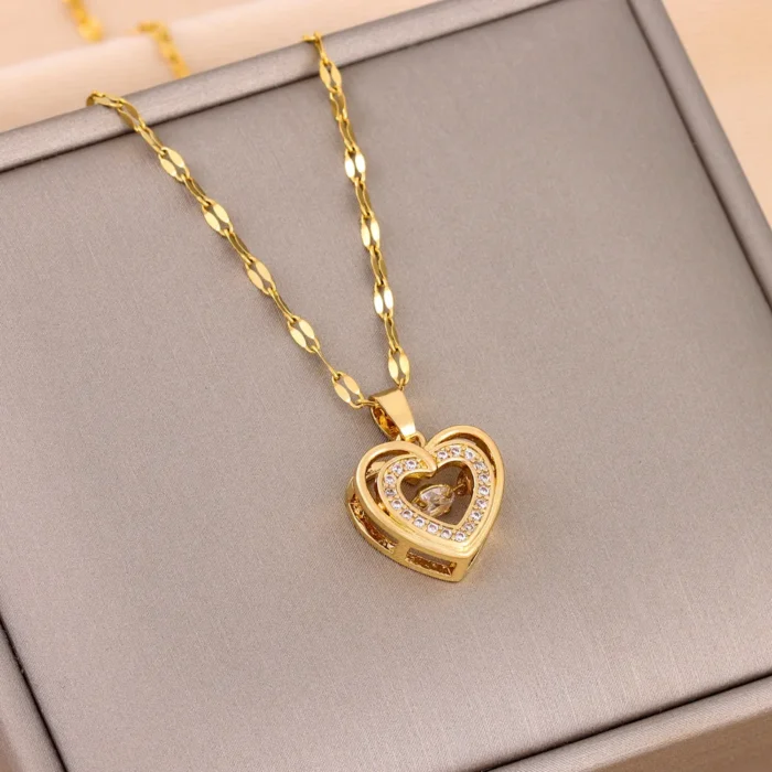 Double-layer Love Necklace With Rhinestones Titanium Steel Pendant Fashion Jewelry Woman Valentines Day Gift - Image 1